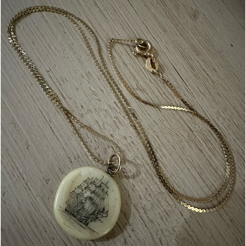 Vintage Rare Scrimshaw Ship Pendant